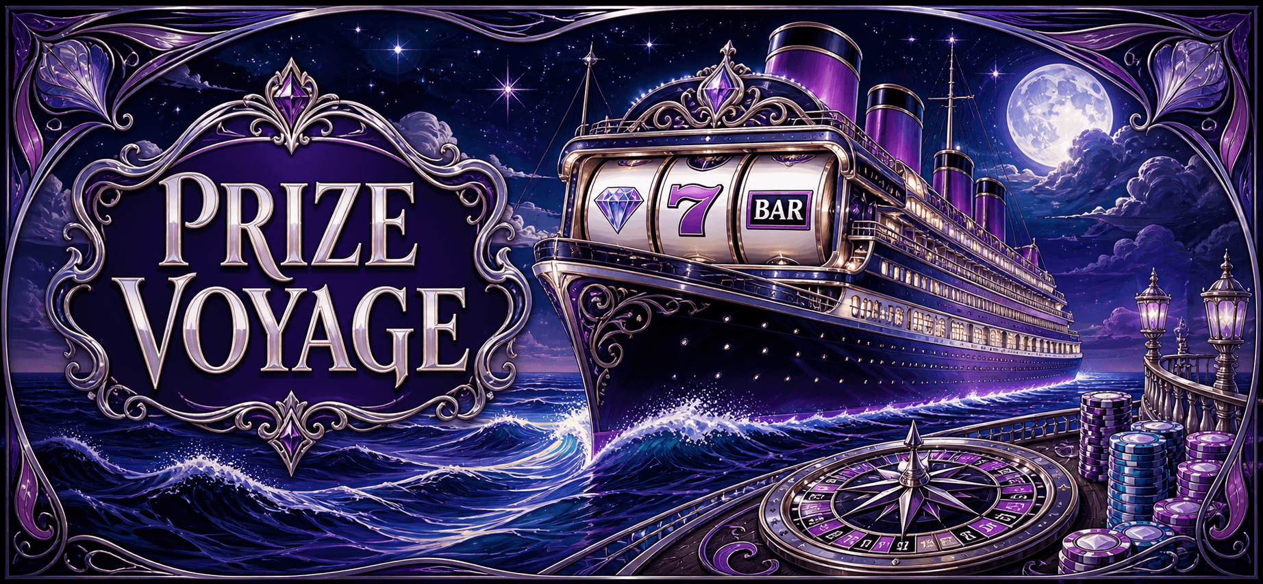 Prize Voyage luxury casino liner with slot reels, roulette, and chips