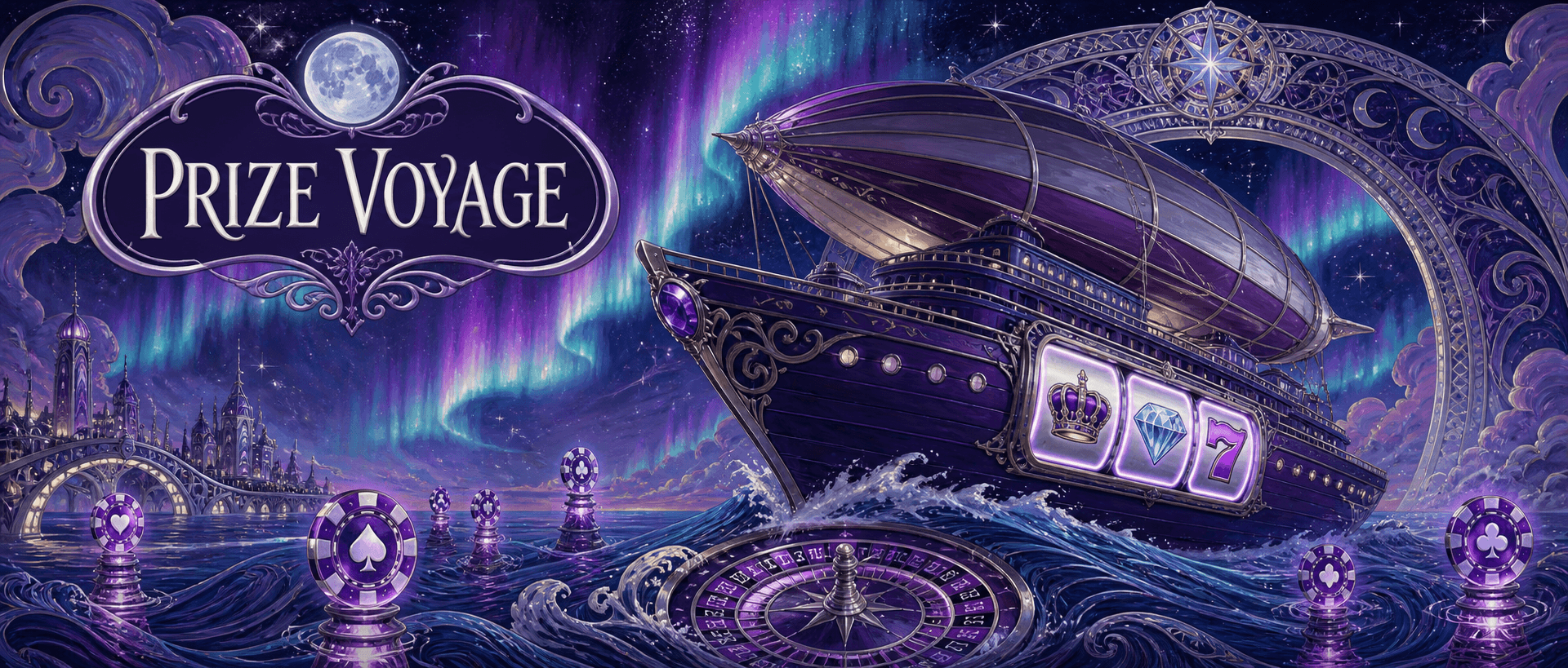 Prize Voyage celestial casino airship with luminous slot reels