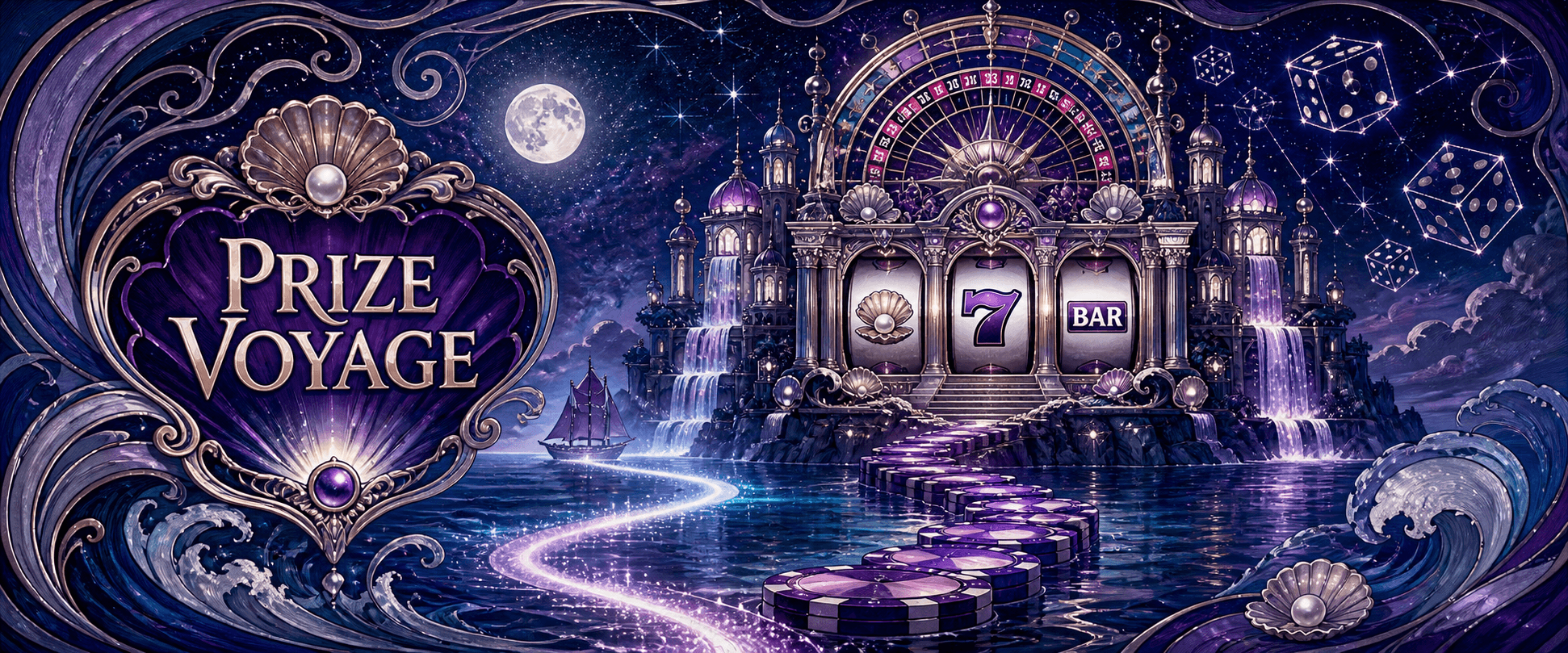 Prize Voyage enchanted casino island with pearl slot reels and chip pathway